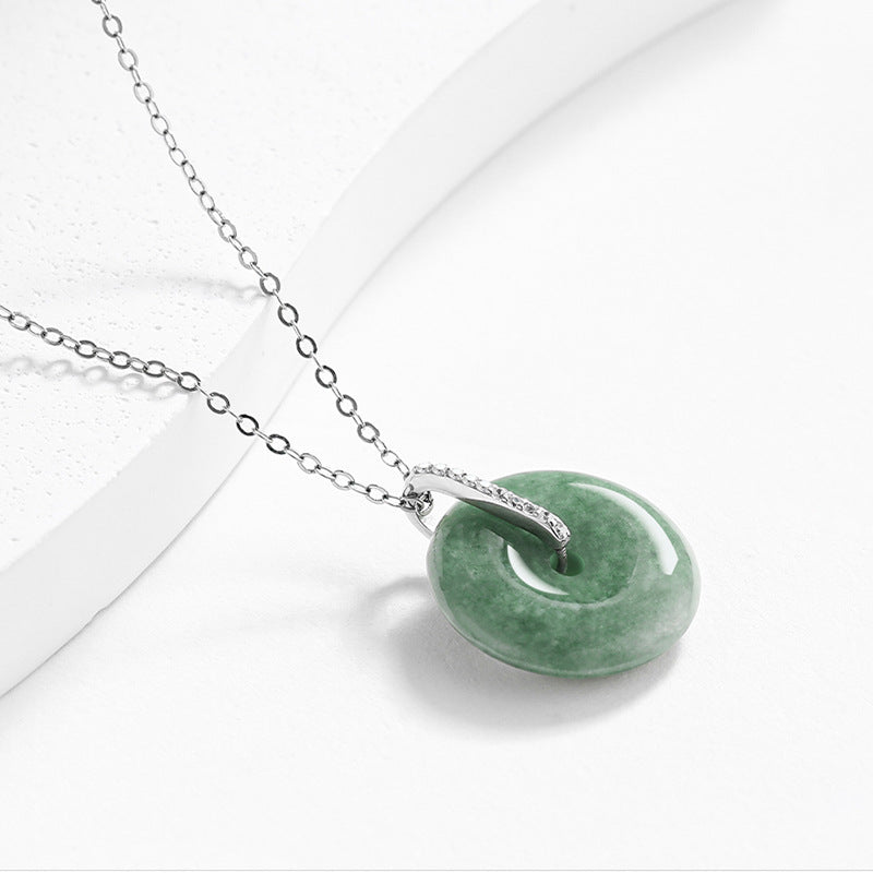 Grade A Green Jadeite Jade Peace Buckle S925 Silver Cubic Zirconia Pendant Necklace