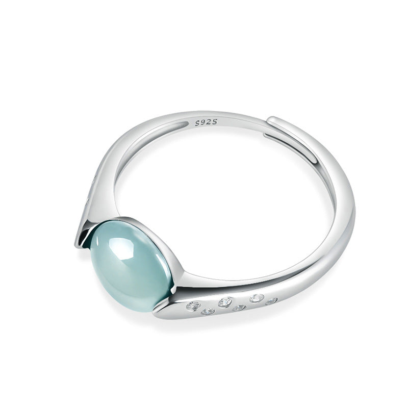 S925 Sterling Silver Set Grade A Ice-Type Blue Water Jadeite Jade Cabochon Minimalist Adjustable Ring