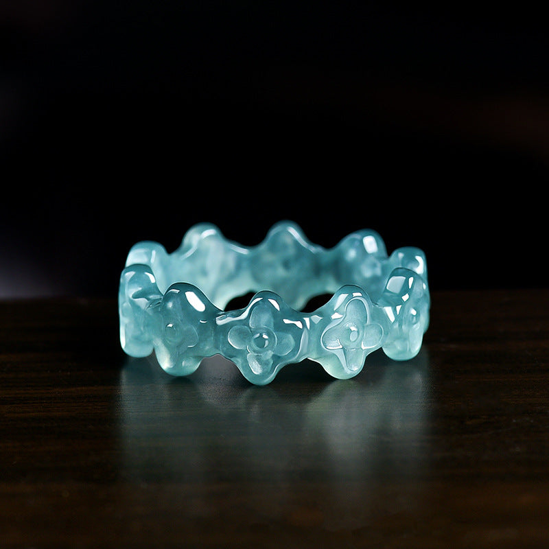 Grade A Ice-Type Blue Water Jadeite Jade Three-Dimensional Four-Leaf Clover Solid Band Ring