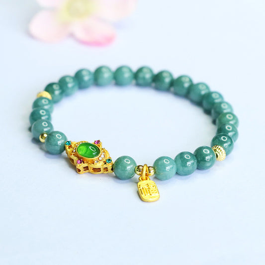 Blue Water Jadeite Jade Ruyi and Wealth Charm Beaded Bracelet