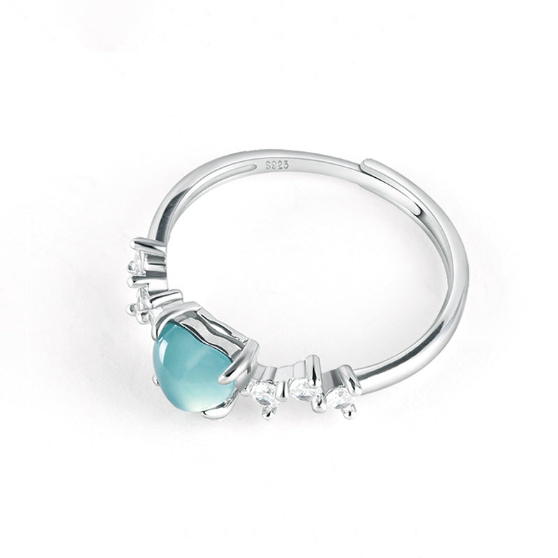 S925 Sterling Silver Set Grade A Ice-Type Blue Water Jadeite Jade Heart-Shaped Adjustable Ring