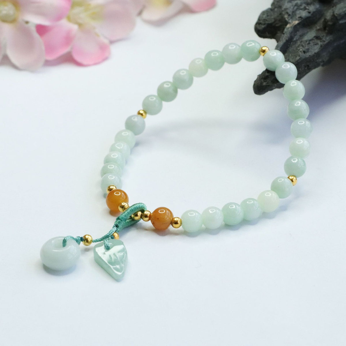 Burmese Grade A Jadeite Beaded Bracelet with Ping An Kou and Leaf Dangle Charms