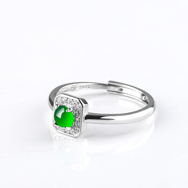 S925 Sterling Silver Set Grade A Ice-Type Vibrant Green Jadeite Cabochon Halo Adjustable Ring