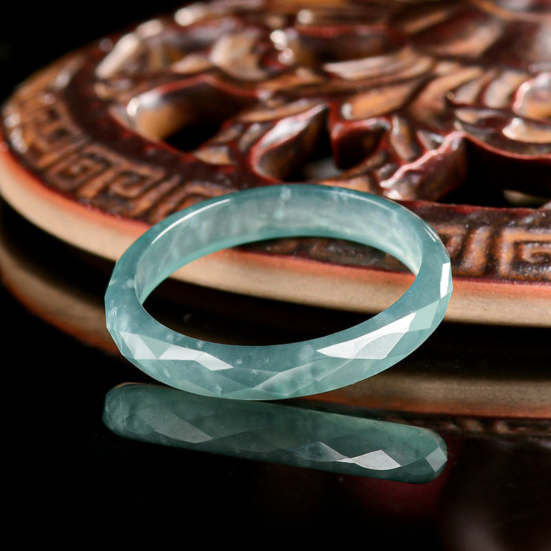 Grade A Ice-Type Blue Water Jadeite Jade Faceted Diamond-Cut Solid Band Ring