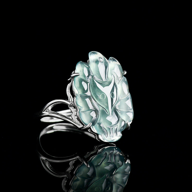 S925 Sterling Silver Set Grade A Ice-Type Blue Water Jadeite Jade Nine-Tailed Fox Adjustable Ring