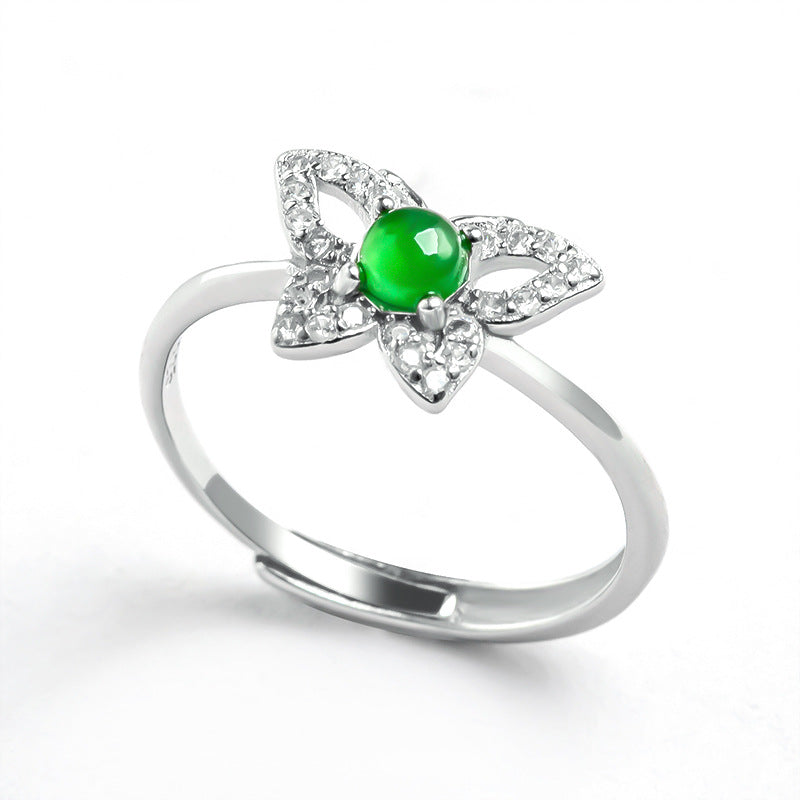 S925 Sterling Silver Set Grade A Ice-Type Vibrant Green Jadeite Jade Butterfly Adjustable Ring