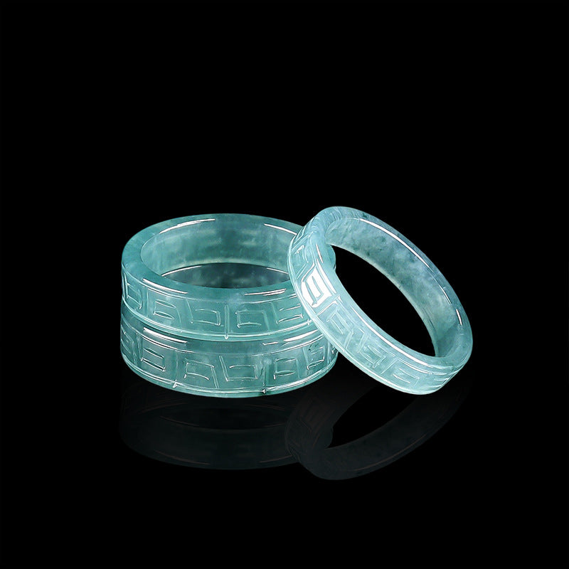 Grade A Ice-Type Blue Water Jadeite Jade Archaistic Motif Square Solid Band Ring