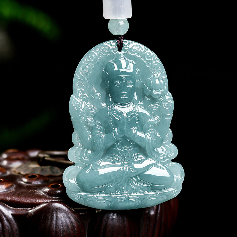 Blue Water Jadeite Jade Four-Armed Guanyin Pendant Necklace