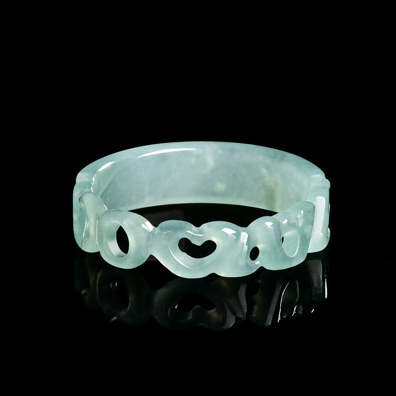 Grade A Ice-Type Blue Water Jadeite Jade LOVE Script Carved Solid Band Ring