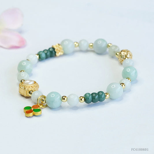 Blue Water and Light Jadeite Jade Beaded Bracelet with Four-Leaf Clover Charm