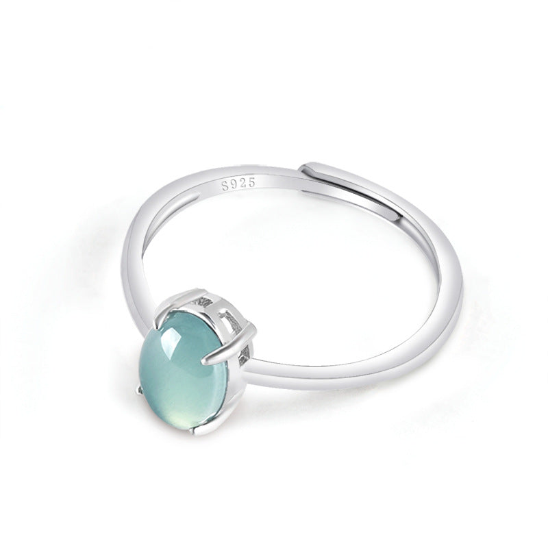 S925 Sterling Silver Set Grade A Ice-Type Blue Water Jadeite Jade Oval Cabochon Adjustable Ring