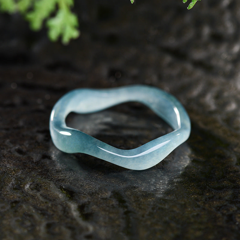 Grade A Ice-Type Blue Water Jadeite Jade Ripple Carved Solid Band Ring