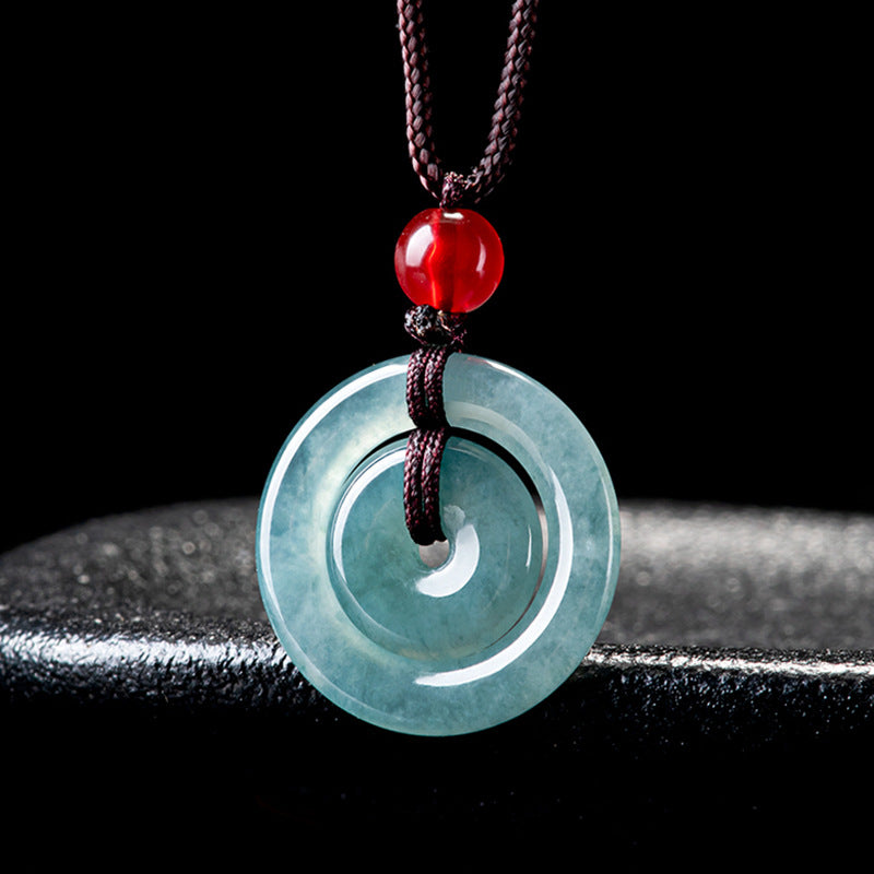 Blue Water Jadeite Jade Double Peace Buckle Pendant Necklace