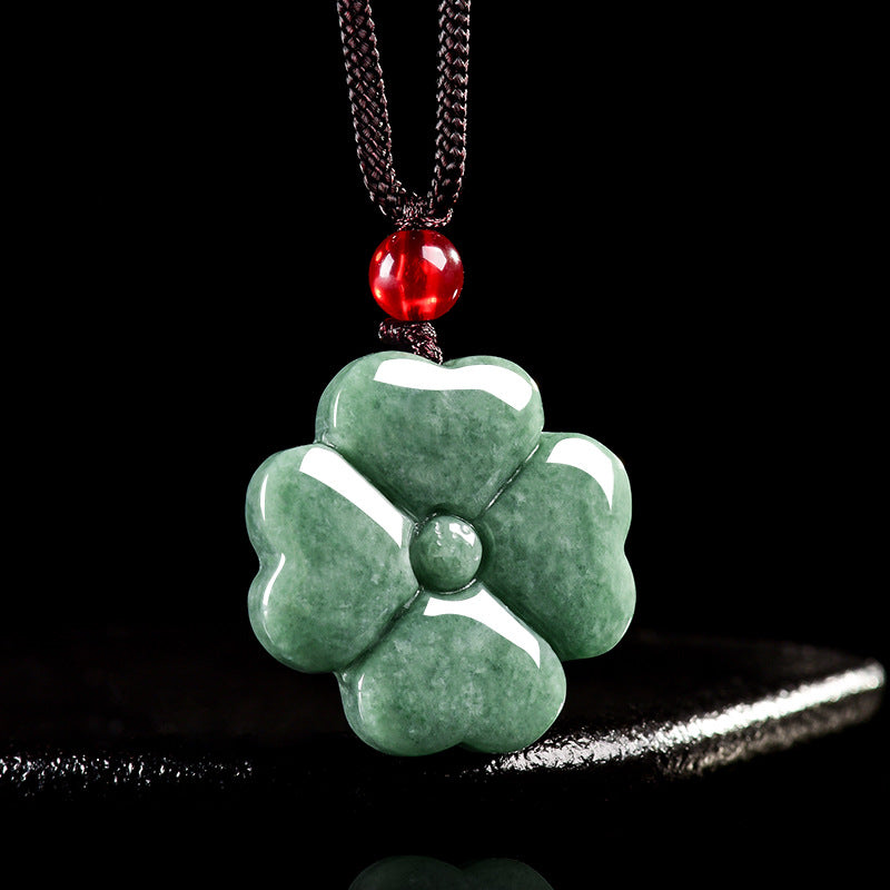 Grade A Jadeite Jade Four-Leaf Clover Pendant Necklace