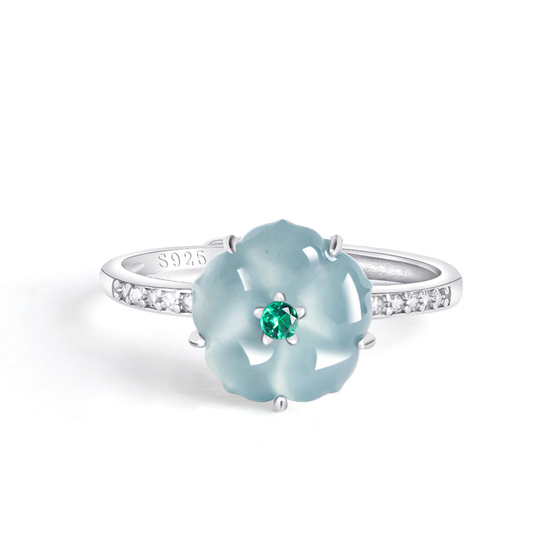 S925 Sterling Silver Set Grade A Ice-Type Blue Water Jadeite Jade Blossom Adjustable Ring