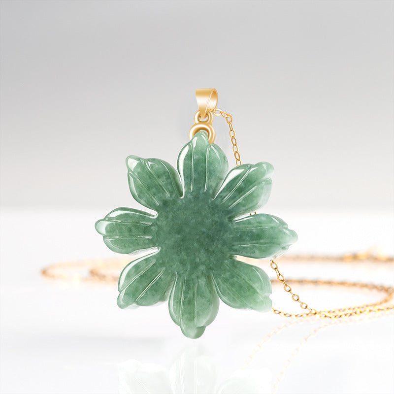 Grade A Jadeite Jade Sunflower S925 Silver Bail Pendant