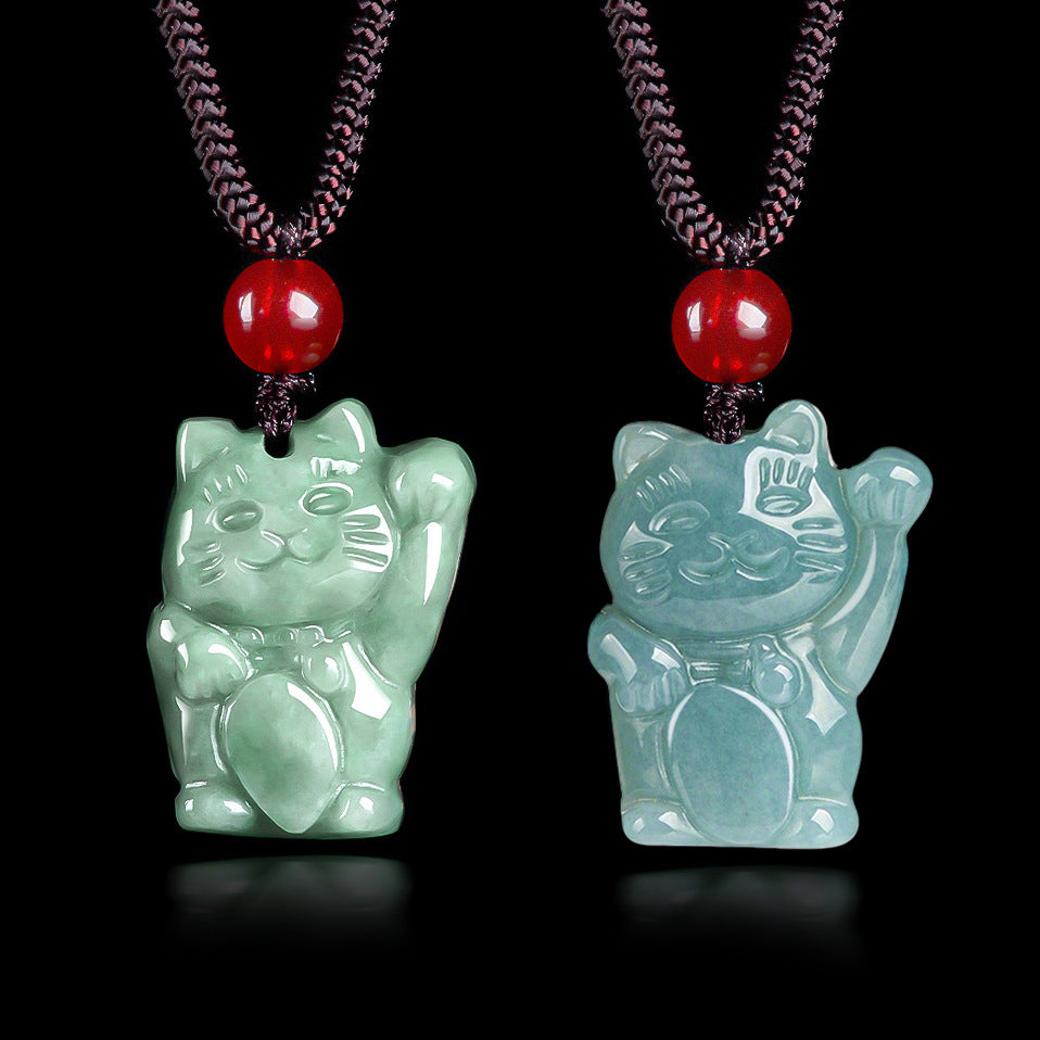 Blue Water Jadeite Jade Lucky Cat Pendant Necklace