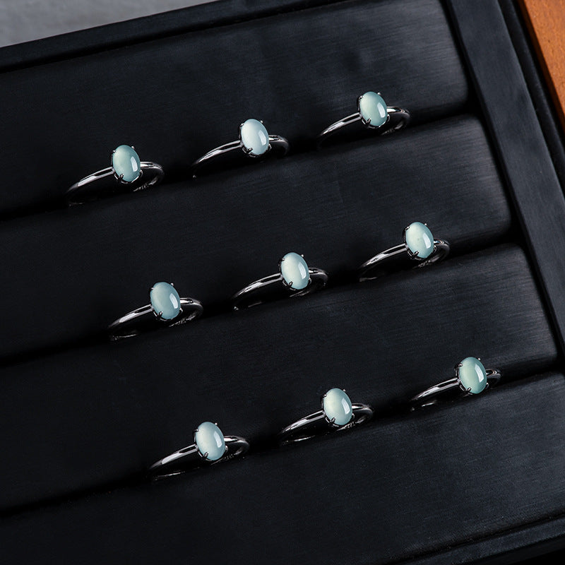 S925 Sterling Silver Set Grade A Ice-Type Blue Water Jadeite Jade Oval Cabochon Adjustable Ring