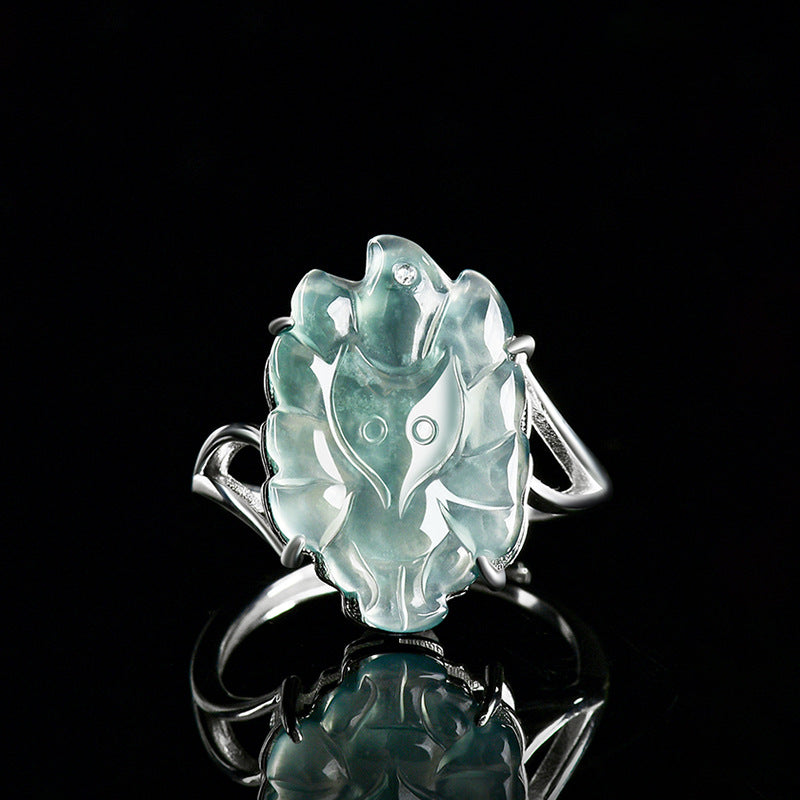 S925 Sterling Silver Set Grade A Ice-Type Blue Water Jadeite Jade Nine-Tailed Fox Adjustable Ring
