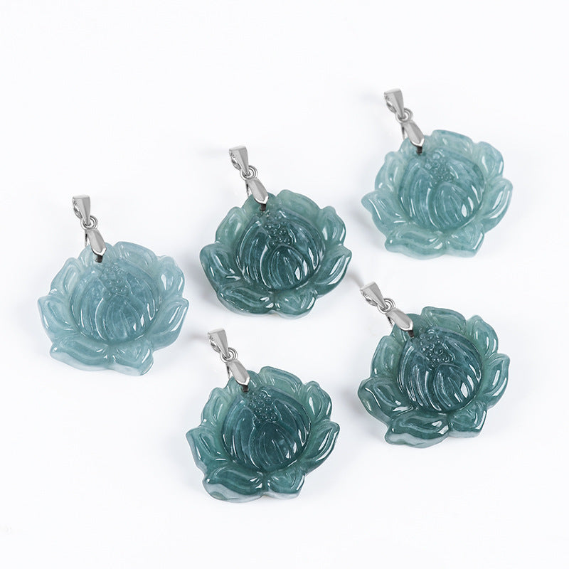 Blue Water Ice Jadeite Jade Lotus Flower S925 Silver Pendant Necklace
