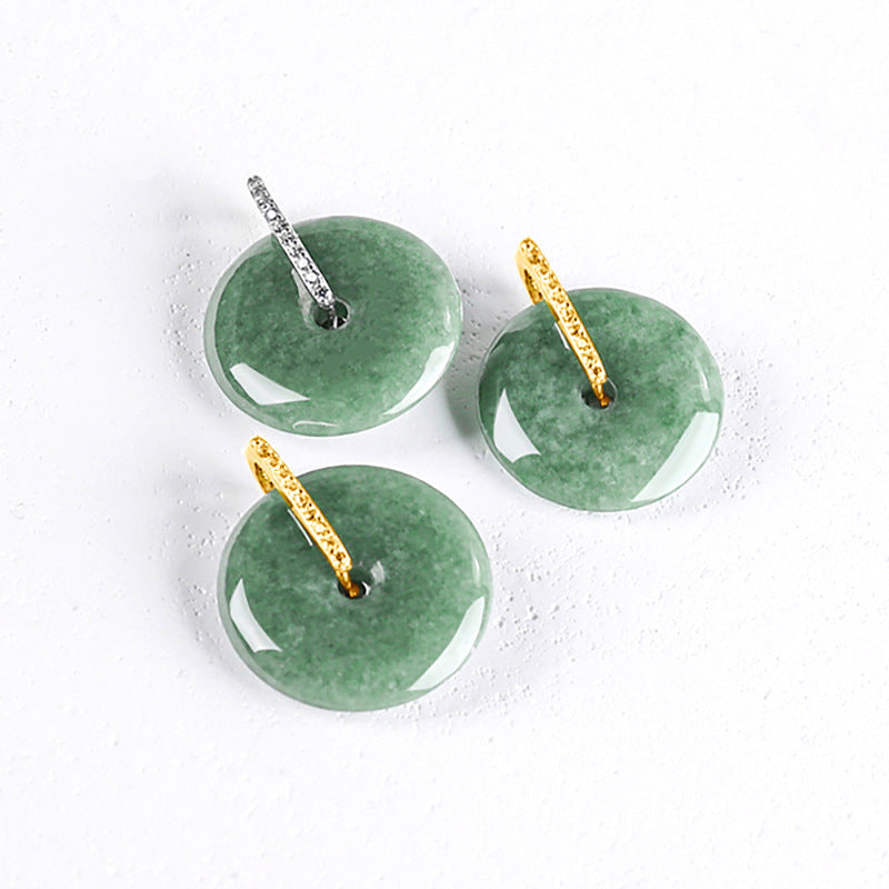 Grade A Green Jadeite Jade Peace Buckle S925 Silver Cubic Zirconia Pendant Necklace