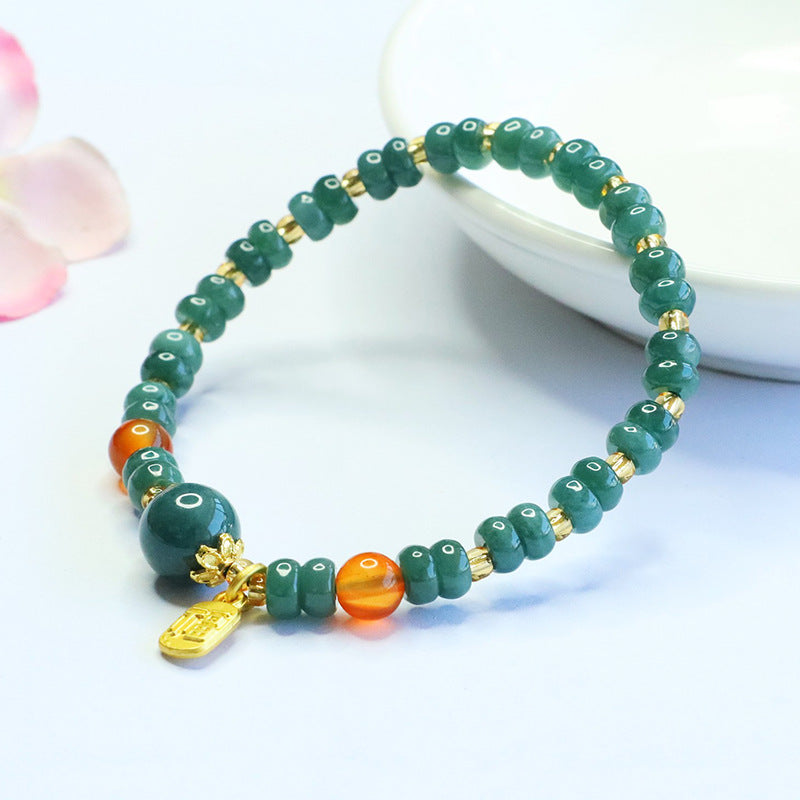 Blue Water Jadeite Abacus Bead and Agate Beaded Bracelet with Fu Coin Pendant