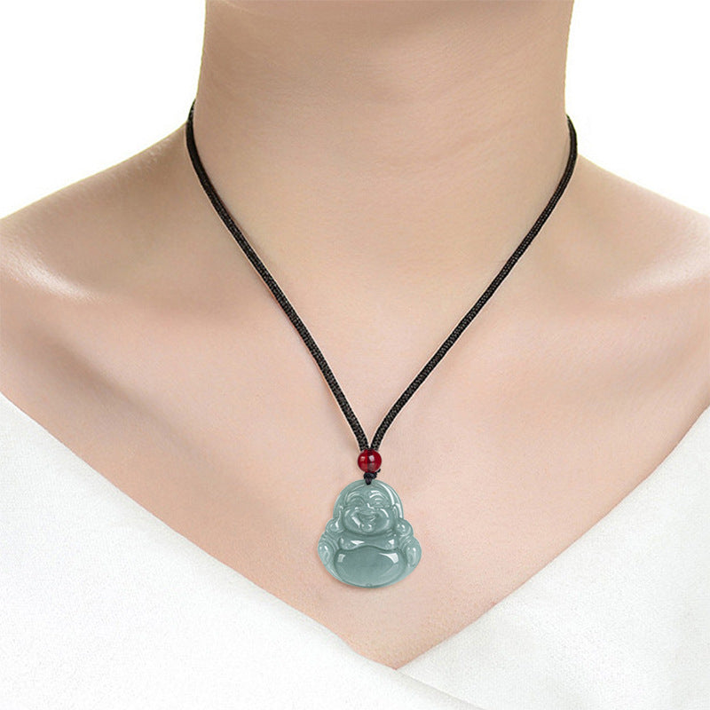 Blue Water Ice Jadeite Jade Guanyin and Laughing Buddha Pendant Necklace Set