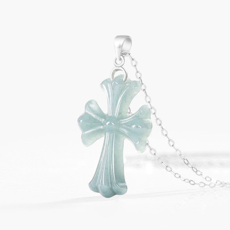 Blue Water Jadeite Jade Cross S925 Silver Pendant Necklace