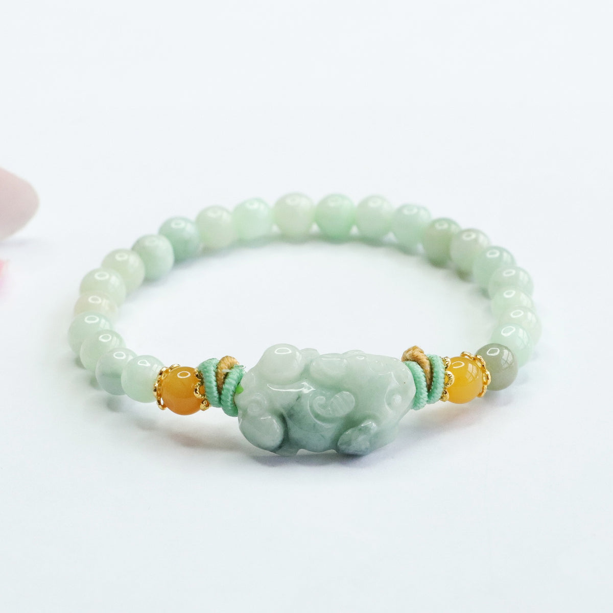 Burmese Grade A Jadeite Jade Pi Xiu Beaded Bracelet with Yellow Jade and Cord Accents
