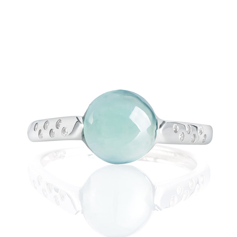 S925 Sterling Silver Set Grade A Ice-Type Blue Water Jadeite Jade Cabochon Minimalist Adjustable Ring