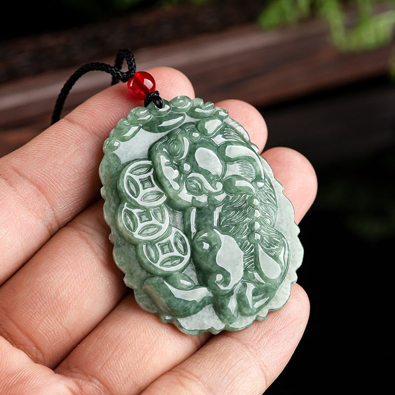 Grade A Ice Jadeite Jade Pixiu & Triple Wealth Coins Pendant Necklace