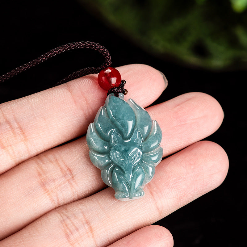 Blue Water Jadeite Jade Nine-Tailed Fox Pendant Necklace