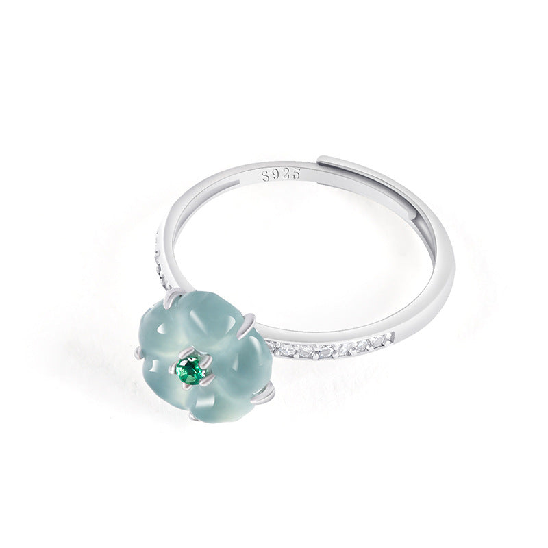 S925 Sterling Silver Set Grade A Ice-Type Blue Water Jadeite Jade Blossom Adjustable Ring