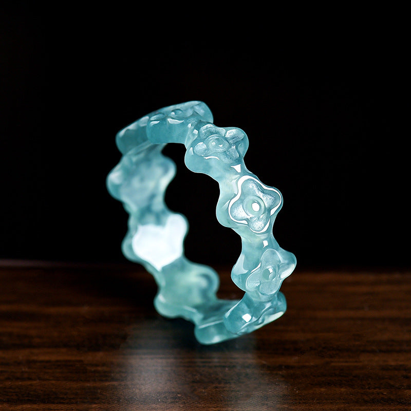 Grade A Ice-Type Blue Water Jadeite Jade Three-Dimensional Four-Leaf Clover Solid Band Ring