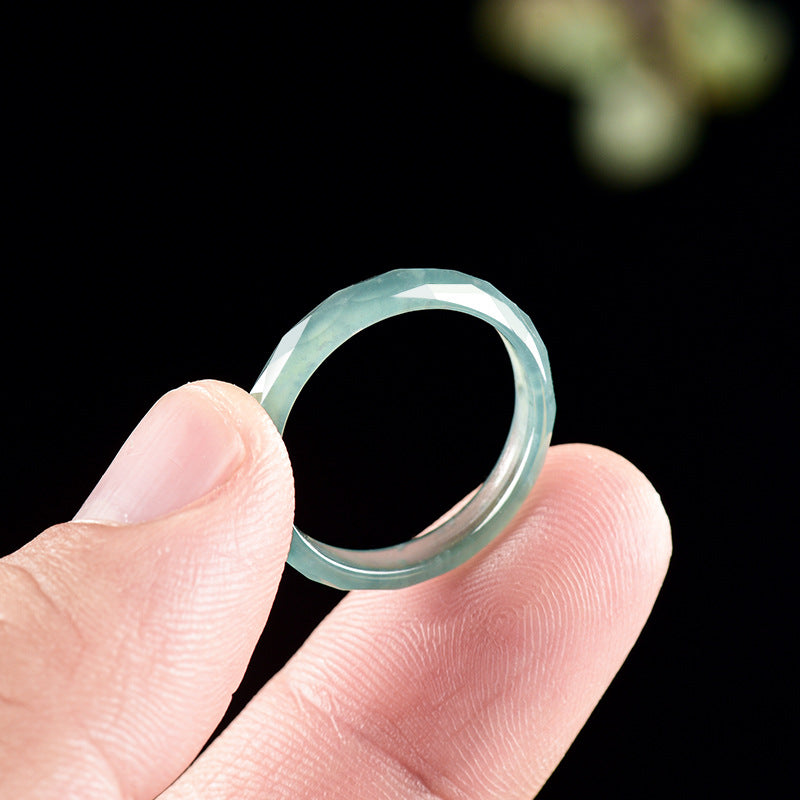 Grade A Ice-Type Blue Water Jadeite Jade Faceted Diamond-Cut Solid Band Ring