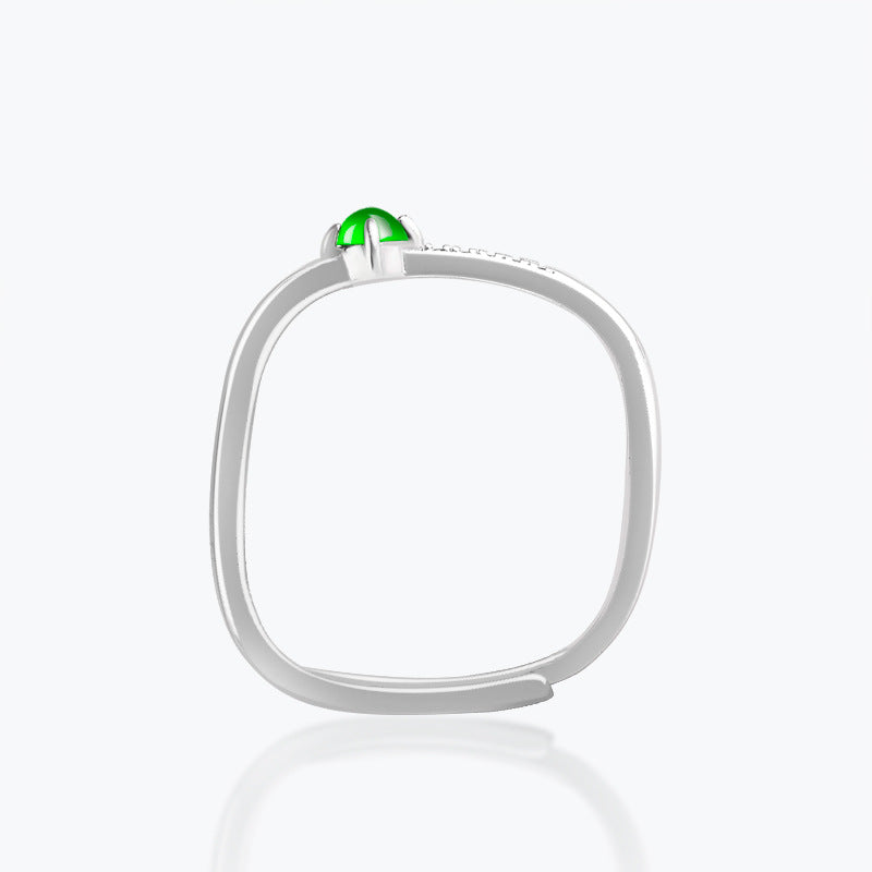 S925 Sterling Silver Set Grade A Ice-Type Vibrant Green Jadeite Cabochon Minimalist Ring