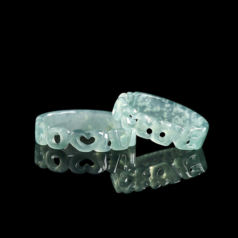 Grade A Ice-Type Blue Water Jadeite Jade LOVE Script Carved Solid Band Ring