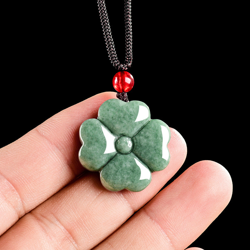 Grade A Jadeite Jade Four-Leaf Clover Pendant Necklace