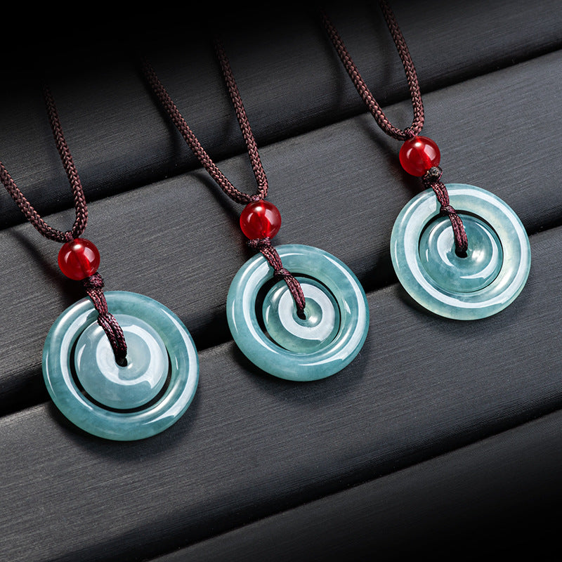Blue Water Jadeite Jade Double Peace Buckle Pendant Necklace