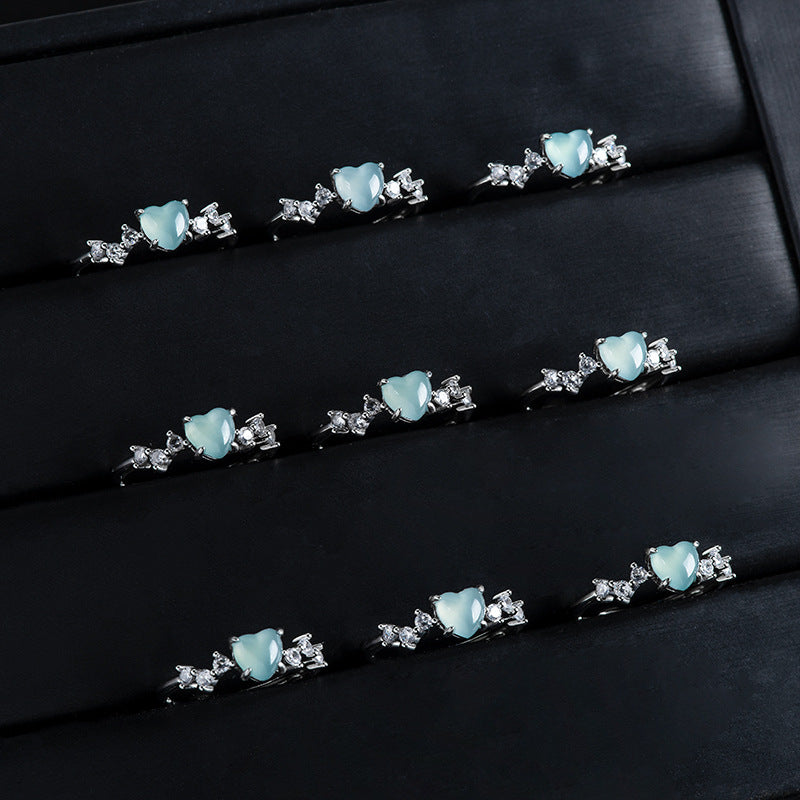 S925 Sterling Silver Set Grade A Ice-Type Blue Water Jadeite Jade Heart-Shaped Adjustable Ring