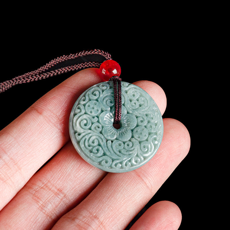 Blue Water Jadeite Jade Vintage Carved Peace Buckle Pendant Necklace