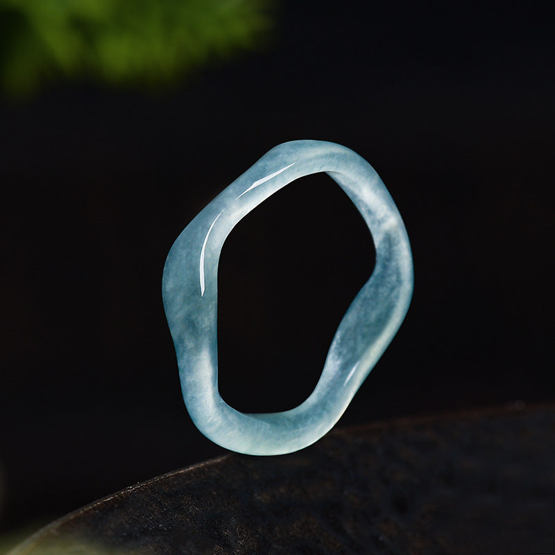 Grade A Ice-Type Blue Water Jadeite Jade Ripple Carved Solid Band Ring