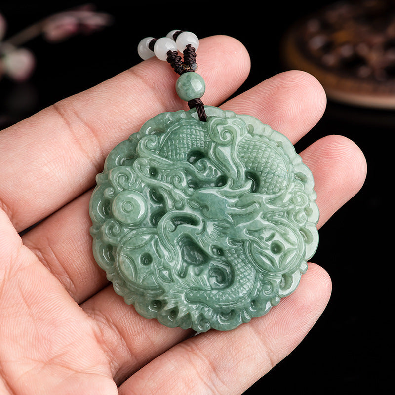 Grade A Icy Jadeite Jade Dragon and Wealth Coin Pendant Necklace