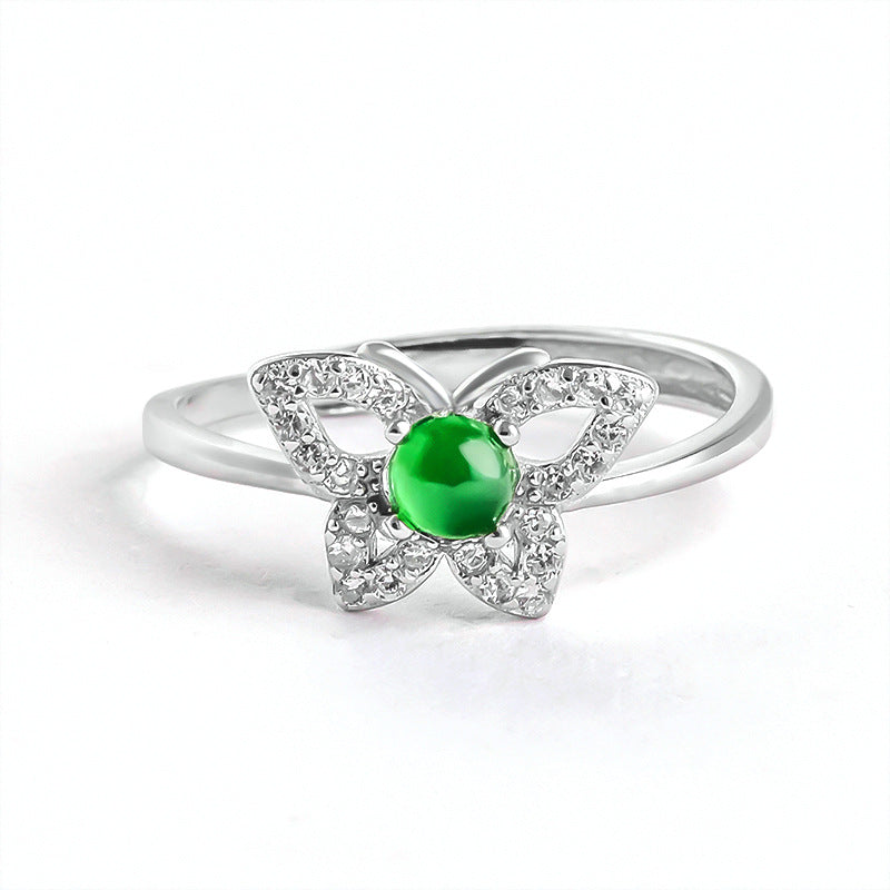 S925 Sterling Silver Set Grade A Ice-Type Vibrant Green Jadeite Jade Butterfly Adjustable Ring