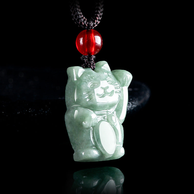 Blue Water Jadeite Jade Lucky Cat Pendant Necklace