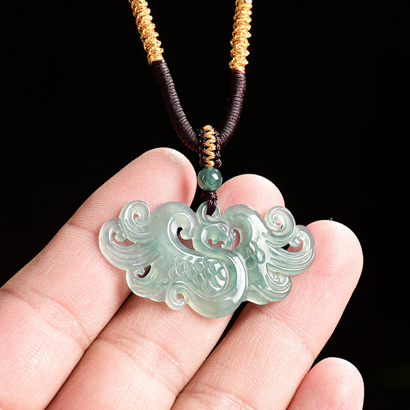 Blue Water Icy Jadeite Jade Phoenix Carved Pendant Necklace