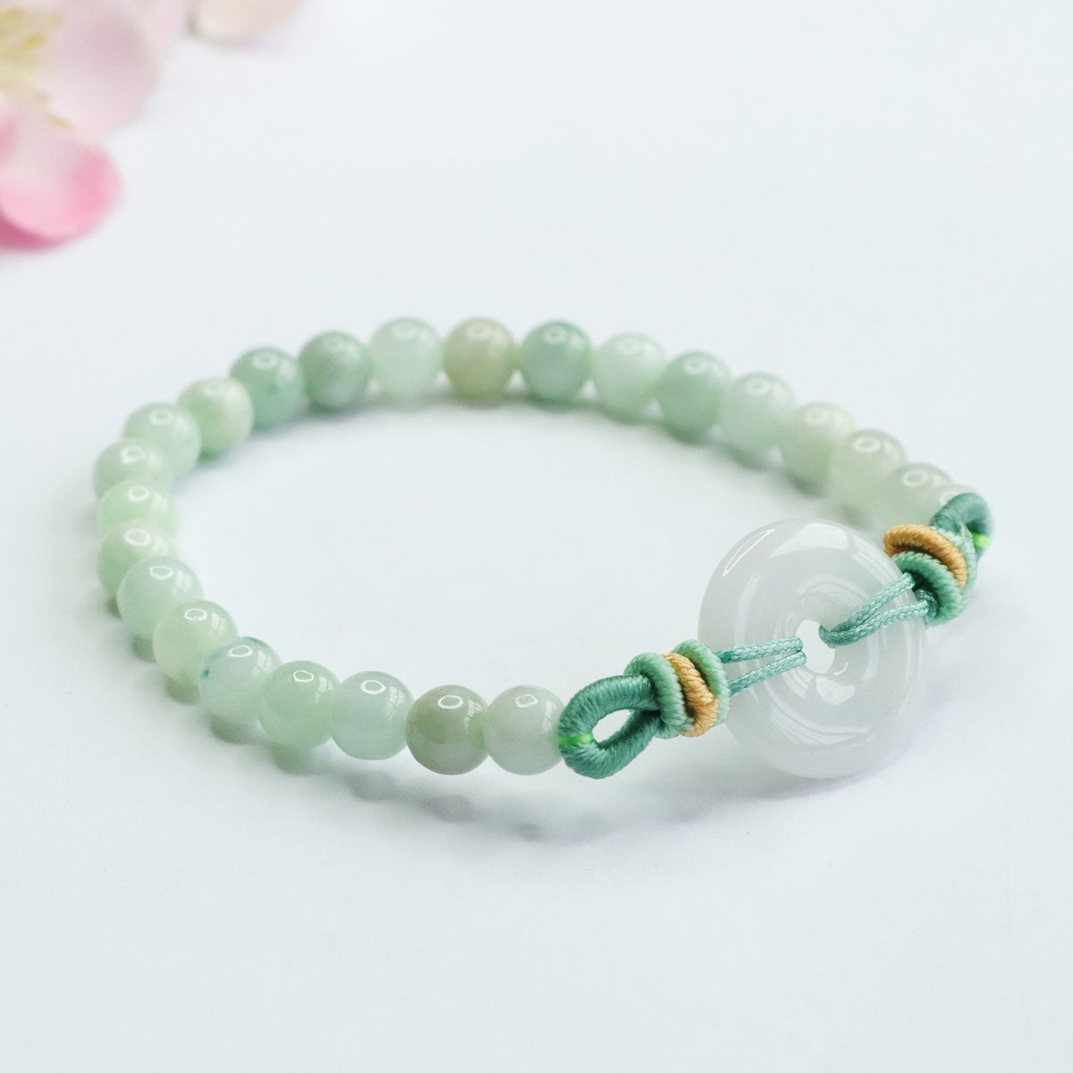 Blue Water Jadeite Jade Beaded Bracelet with Ping An Kou Centerpiece