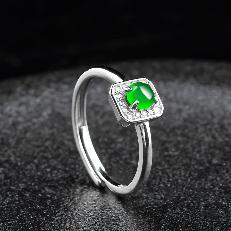S925 Sterling Silver Set Grade A Ice-Type Vibrant Green Jadeite Cabochon Halo Adjustable Ring