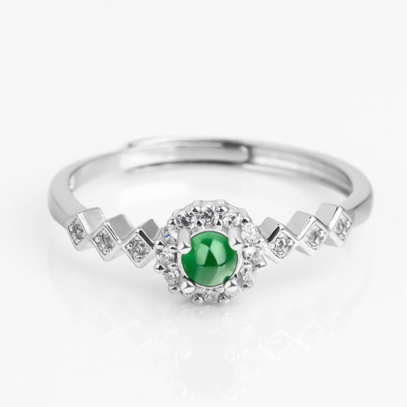 S925 Sterling Silver Set Grade A Ice-Type Vibrant Green Jadeite Cabochon Geometric Halo Adjustable Ring