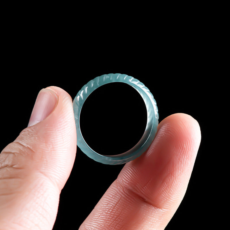 Grade A Ice-Type Blue Water Jadeite Jade Dragon Scale Carved Solid Band Ring